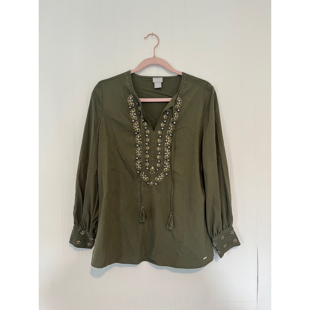 Chicos Top Womens sz 0 S Olive Green Embroidered Rhinestone Tassel Blouse Boho